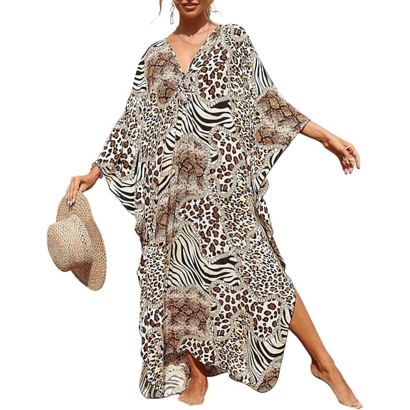 Women Animal Print Kaftan Dresses Plus Size Swimsuit Coverup 2025 Summer Bathing Suit Caftan Loungewear Beach Dress