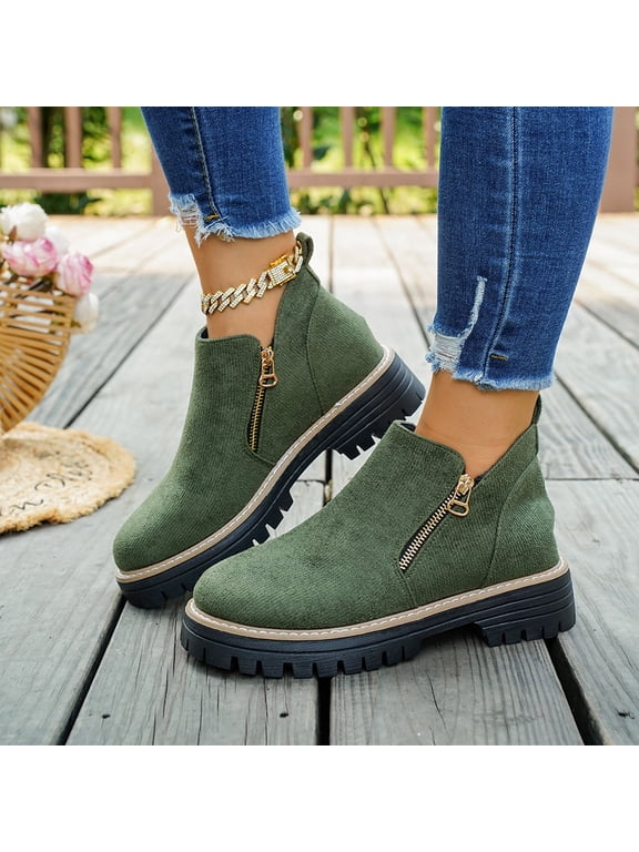 Women Ankle Boots Dual Side Zipper Booties with Comfy Chunky Lug Sole, Round Toe Low Chunky Heel Slip On Fall Winter Shoes for Women