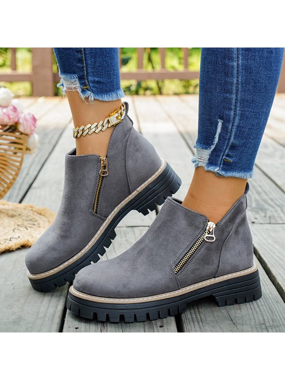 Women Ankle Boots Dual Side Zipper Booties with Comfy Chunky Lug Sole, Round Toe Low Chunky Heel Slip On Fall Winter Shoes for Women