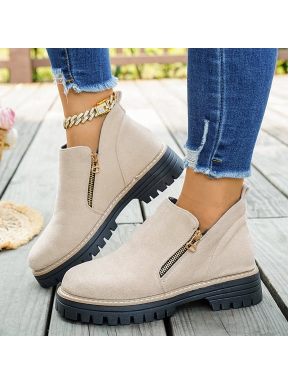 Women Ankle Boots Dual Side Zipper Booties with Comfy Chunky Lug Sole, Round Toe Low Chunky Heel Slip On Fall Winter Shoes for Women