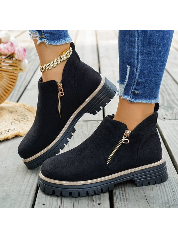 Women Ankle Boots Dual Side Zipper Booties with Comfy Chunky Lug Sole, Round Toe Low Chunky Heel Slip On Fall Winter Shoes for Women
