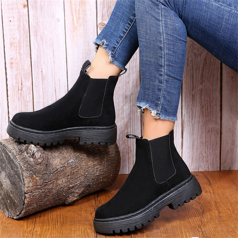 Women Ankle Boots Elastic Sides Slip On Booties Block Heel Suede T