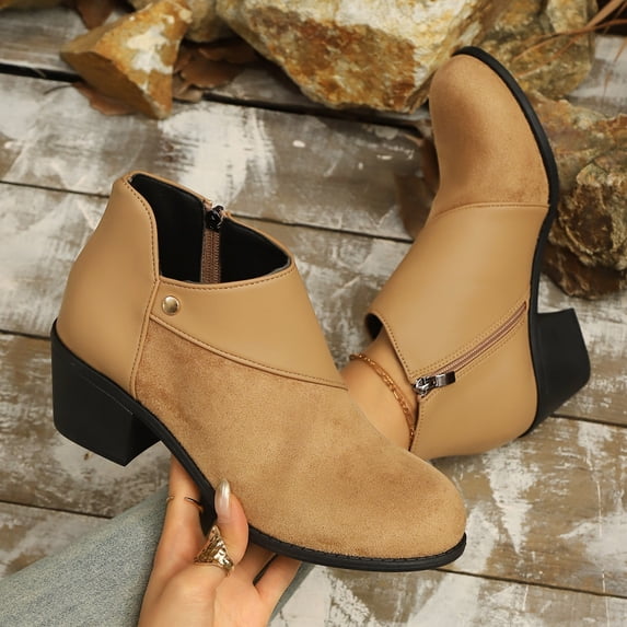 Women Ankle Boots Round Toe Low Heel Boots with Side Zipper Comfort Stretchy Flock Boots for Fall Winter Casual Outdoor Daily Wear