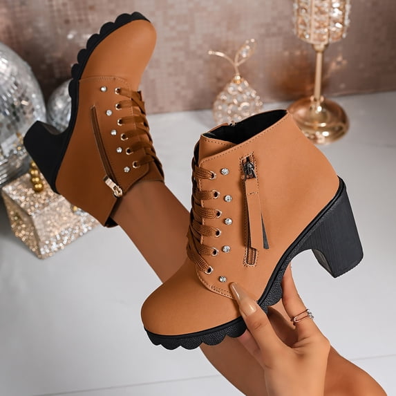 Women Ankle Boots Round Toe Mid Heel Boots with Side Zip Comfort Matte Shoes for Fall Winter Dating Shopping Casual Outdoor Daily Wear