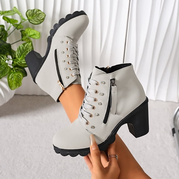 Women Ankle Boots Round Toe Mid Heel Boots with Side Zip Comfort Matte Shoes for Fall Winter Dating Shopping Casual Outdoor Daily Wear