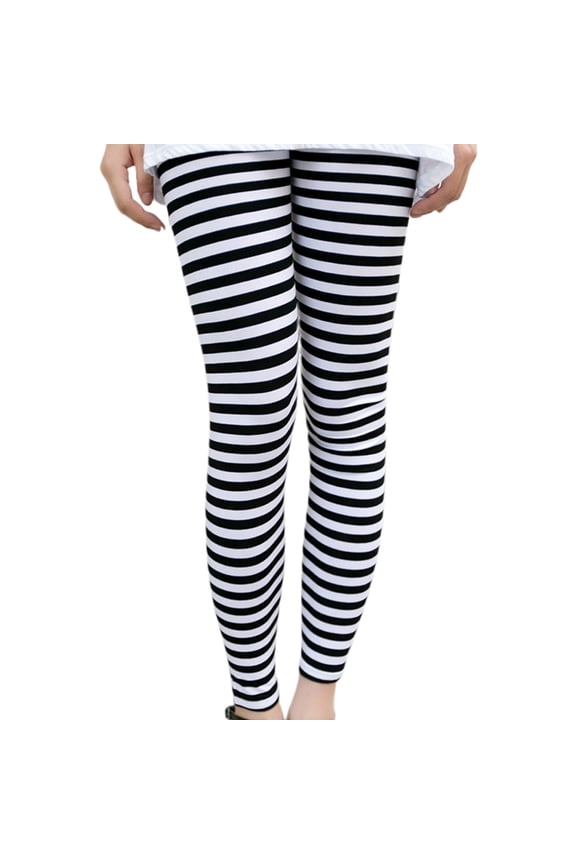 Women Ankle Length Skinny Leggings Black White Horizontal Striped Pants Tights