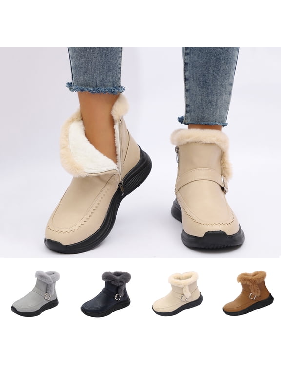 Women Ankle Snow Boots Flat Heel Thick Velvet Round Toe Side Zipper Ankle Women's Flats Boots Women Trendy Casual Outdoor Dressy Winter Velvet Comfortable Warm Shoes Gray 9