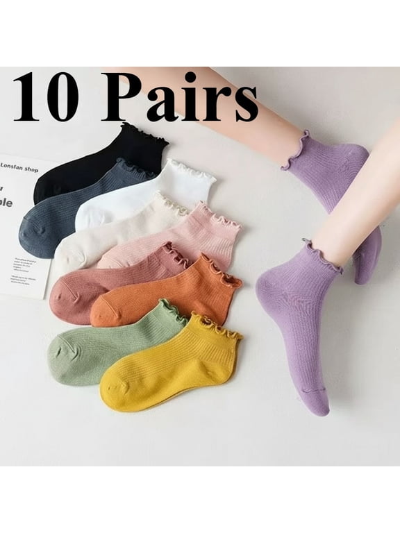 Women Ankle Socks Cotton - 10 Pairs Ruffle Turn-Cuff Casual Socks Short Socks