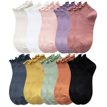 Women Ankle Socks Cotton - 10 Pairs Ruffle Turn-Cuff Casual Socks Short Socks