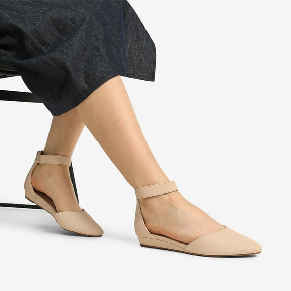 Women Ankle Strap Low Wedge Flats Shoes Zip Up Dress Shoes