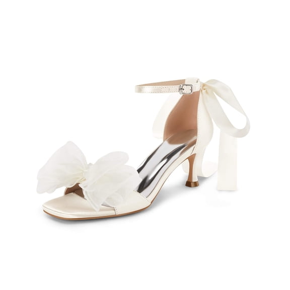 Women  Ankle-Strap Ribbon Sandals with Bow Accent — Square-Toe, Open-Toe Wedding Shoes with Low, Slender Heel