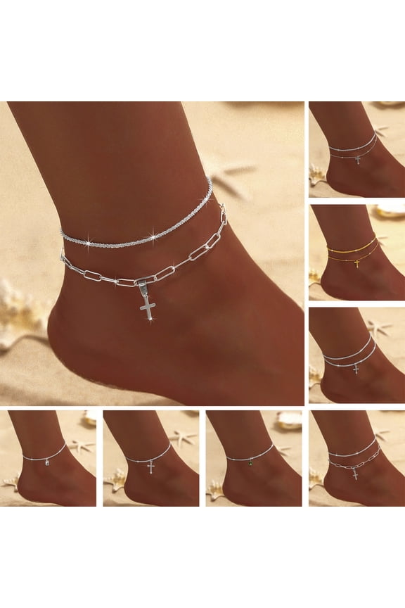 Women Anklet Copper Adjustable Cross Pendant Glittering Rhinestone Decor Lobtser Clip Ankle Chain Lady Feet Jewelry