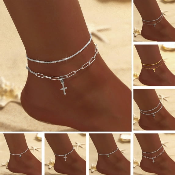 Women Anklet Copper Adjustable Cross Pendant Glittering Rhinestone Decor Lobtser Clip Ankle Chain Lady Feet Jewelry