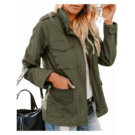 Women Anorak Jackets Zip Up Snap Buttons Parka Utility Coats Outwear with Pocket Army Green XXXL