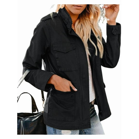 Women Anorak Jackets Zip Up Snap Buttons Parka Utility Coats Outwear with Pocket Black XXXL