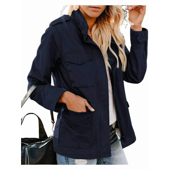 Women Anorak Jackets Zip Up Snap Buttons Parka Utility Coats Outwear with Pocket Deep Blue S