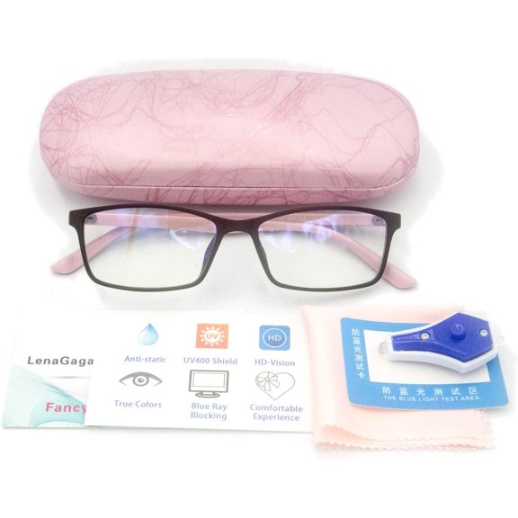 Women Anti Blue Light Glasses Block Eye Strain Glare with Case Tester, Gaming Computer Filter UV Blocker Clear Lens Small Face Narrow Rectangle Nerd Frame Pink Black