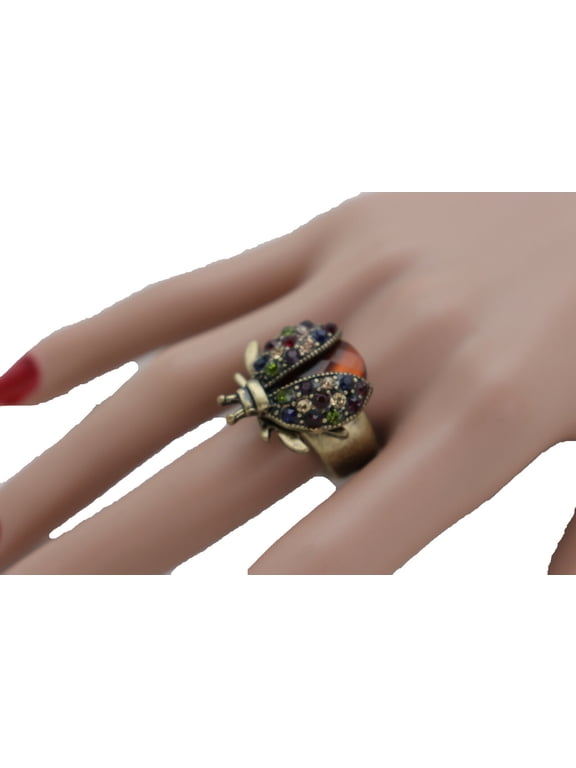 Women Antique Gold Color Fashion Ring Metal Stretch Band Jewelry Lady Bug Beetle