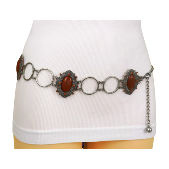 Women Antique Silver Metal Ethnic Belt Brown Flower Charm S M