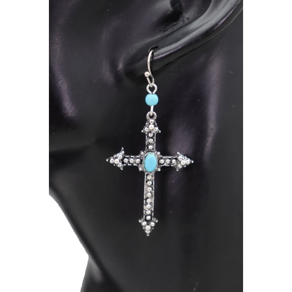 Women Antique Silver Metal Pointy Cross Earrings Set Turquoise Blue Color Beads