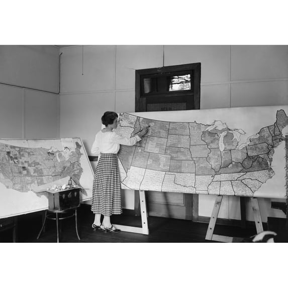 Women Applying Color To A Large Detailed Map Of The Continental United States. Aug. 12 History