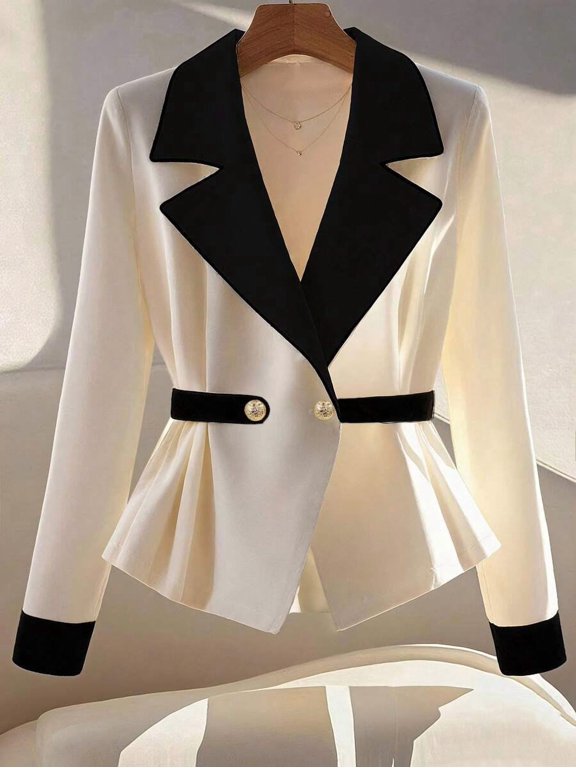 Women Apricot Cinched Waist Lapel Long Sleeve Peplum Jacket Blazer