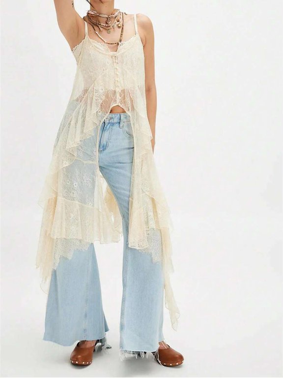 Women Apricot Lace Maxi Camisole Top Spaghetti Strap See Through Tie Front