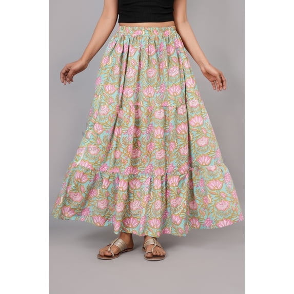 Women Aqua Blue & Pink Floral Block Printed Cotton Maxi Skirt with Elastic Waist - S