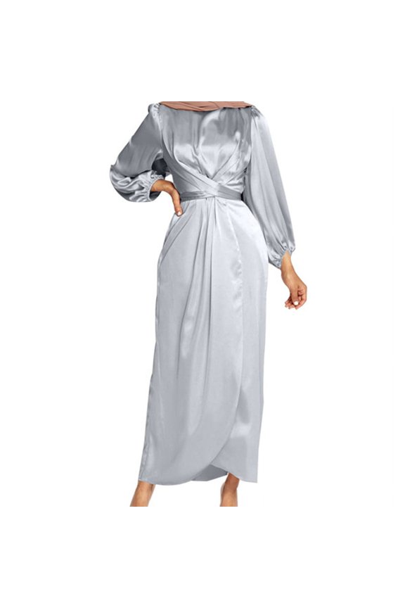 Women Arab Muslim Satin Puff Long Sleeve Wrap Front Maxi Dress Abaya Hijab Robe