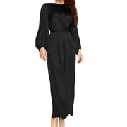 Women Arab Muslim Satin Puff Long Sleeve Wrap Front Maxi Dress Abaya Hijab Robe