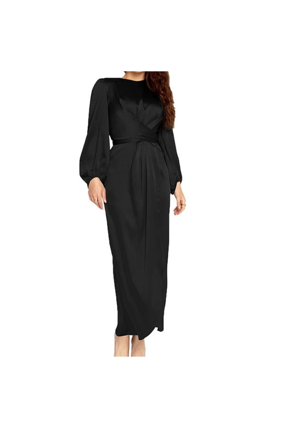 Women Arab Muslim Satin Puff Long Sleeve Wrap Front Maxi Dress Abaya Hijab Robe