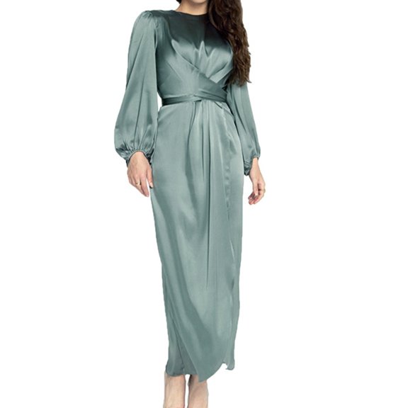 Women Arab Muslim Satin Puff Long Sleeve Wrap Front Maxi Dress Abaya Hijab Robe