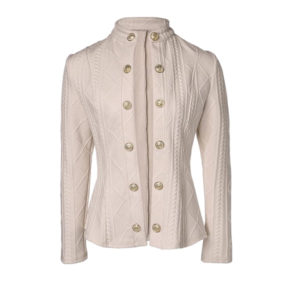 Women Argyle Cable Cardigan Light-Weight Cropped Coat Stand Collar Long Sleeve Metal Button Fall Jackets Apricot M