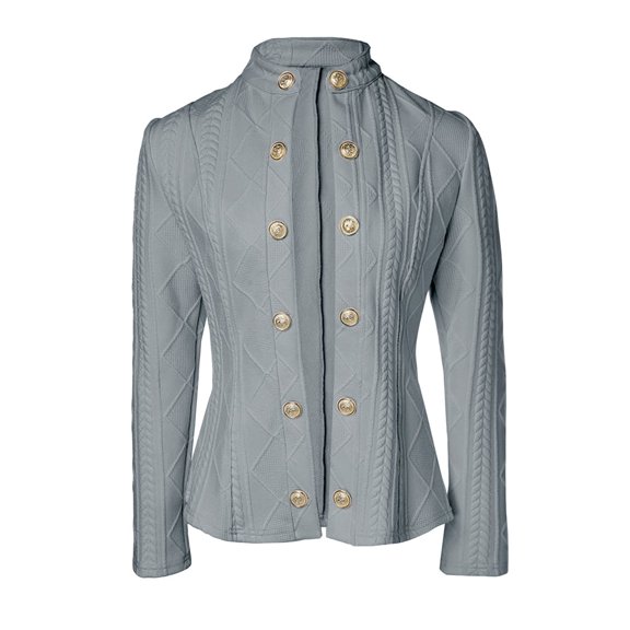 Women Argyle Cable Cardigan Light-Weight Cropped Coat Stand Collar Long Sleeve Metal Button Fall Jackets Gray XL