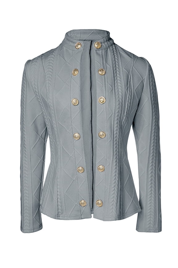 Women Argyle Cable Cardigan Light-Weight Cropped Coat Stand Collar Long Sleeve Metal Button Fall Jackets Gray XXL