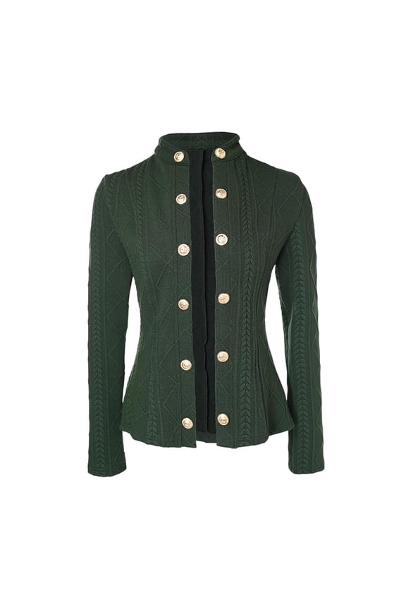 Women Argyle Cable Cardigan Light-Weight Cropped Coat Stand Collar Long Sleeve Metal Button Fall Jackets Green M