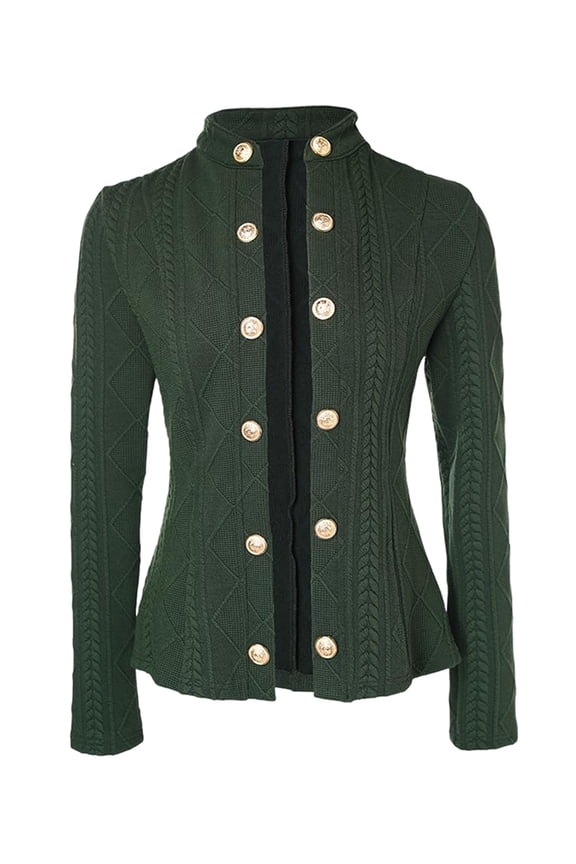 Women Argyle Cable Cardigan Light-Weight Cropped Coat Stand Collar Long Sleeve Metal Button Fall Jackets Green XXL