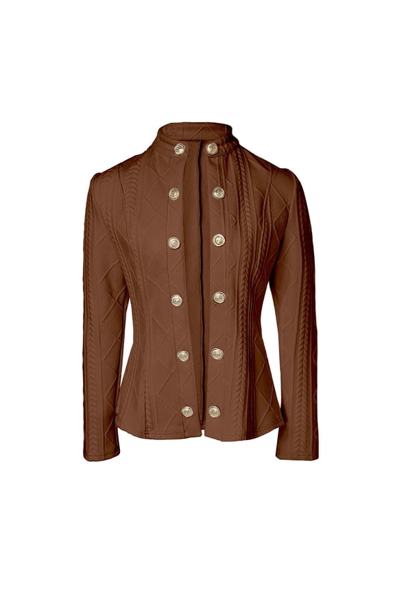 Women Argyle Cable Cardigan Light-Weight Cropped Coat Stand Collar Long Sleeve Metal Button Fall Jackets Khaki L