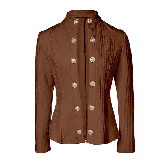 Women Argyle Cable Cardigan Light-Weight Cropped Coat Stand Collar Long Sleeve Metal Button Fall Jackets Khaki XL