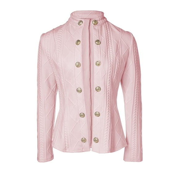 Women Argyle Cable Cardigan Light-Weight Cropped Coat Stand Collar Long Sleeve Metal Button Fall Jackets Pink S