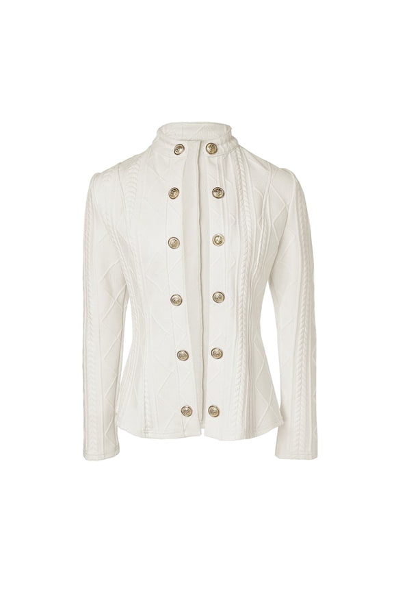 Women Argyle Cable Cardigan Light-Weight Cropped Coat Stand Collar Long Sleeve Metal Button Fall Jackets White XXL