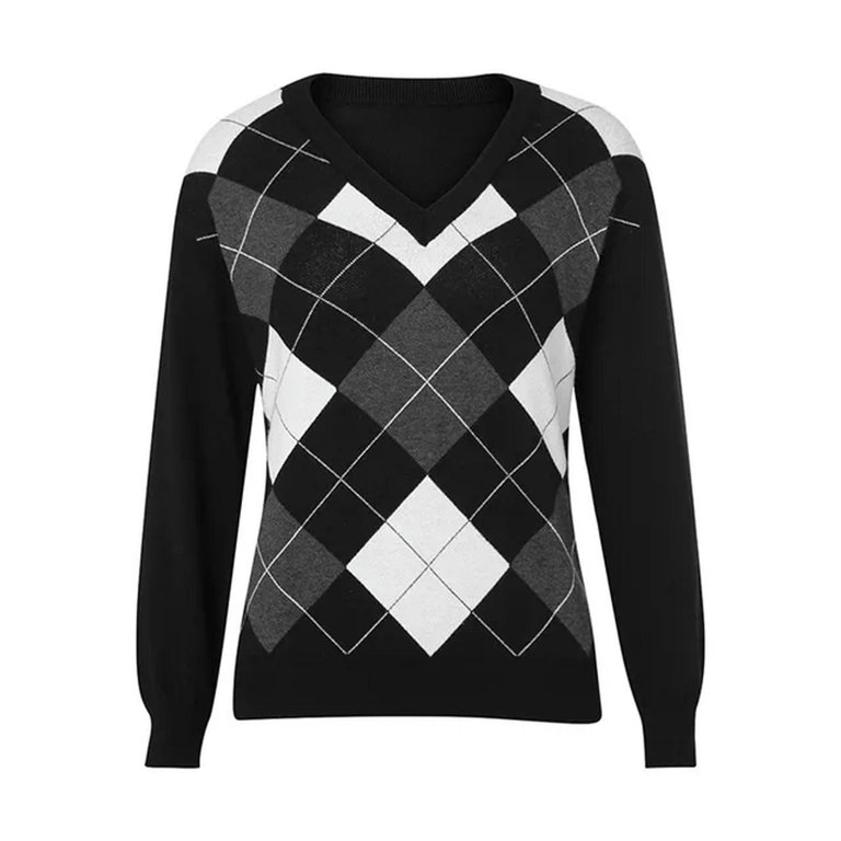 Women Argyle Knit Sweater Knitwear Y2K Long Sleeve Vintage 