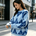 thumbnail image 1 of Women Argyle Sweater Oversized Knit Pullover Crewneck Colorblock Long Sleeve Cozy Fall Winter Tops, 1 of 4