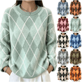 thumbnail image 1 of Women Argyle Sweater Oversized Knit Pullover Crewneck Colorblock Long Sleeve Cozy Fall Winter Tops, 1 of 4