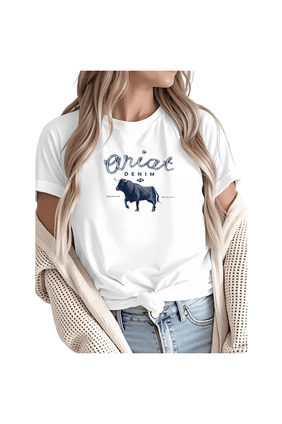 Women Ariat Denim Bull Graphic Tees Cotton Crew Neck Printed T Shirt Tops White S-5XL