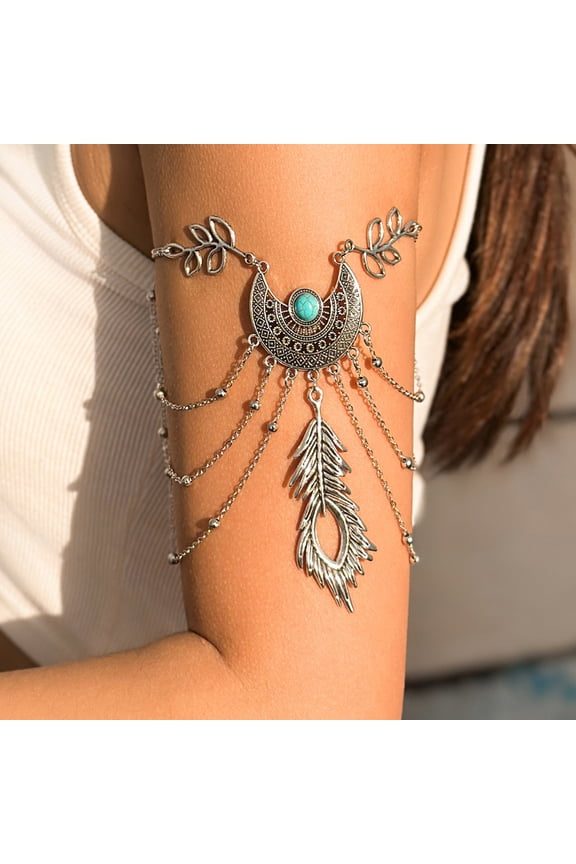 Women Arm Chain Feather Shape Bohemian Retro Leaf Tassel Faux Turquoise Beach Party Wedding Jewelry Accessory Arm Bracelet
