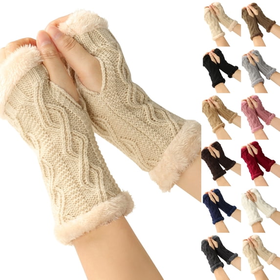 Women Arm Warmers, Winter Knitted Wrist Warmers Fluffy Lined Fingerless Mitten Gloves for Women Cold Weather Beige