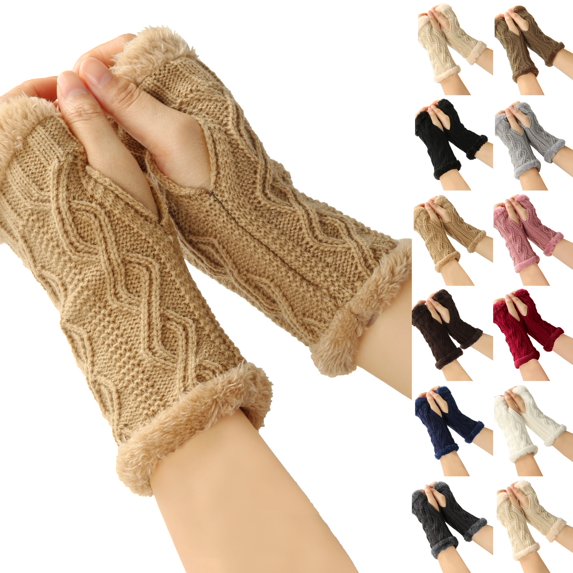 Women Arm Warmers, Winter Knitted Wrist Warmers Fluffy Lined Fingerless Mitten Gloves for Women Cold Weather Camel