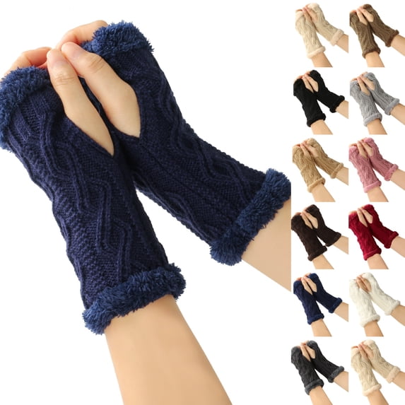 Women Arm Warmers, Winter Knitted Wrist Warmers Fluffy Lined Fingerless Mitten Gloves for Women Cold Weather Dark Blue