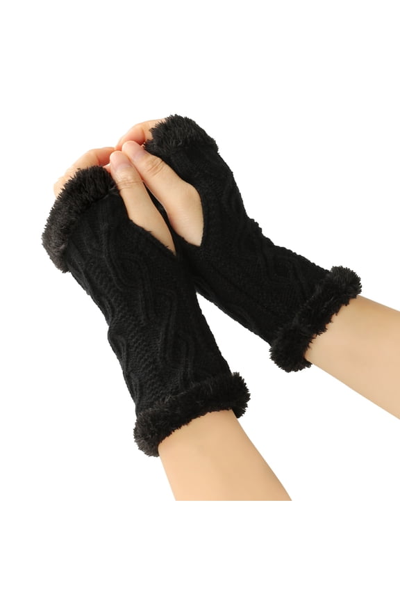 Women Arm Warmers, Winter Knitted Wrist Warmers Fluffy Lined Fingerless Mitten Gloves for Women Girls Cold Weather Black One Size